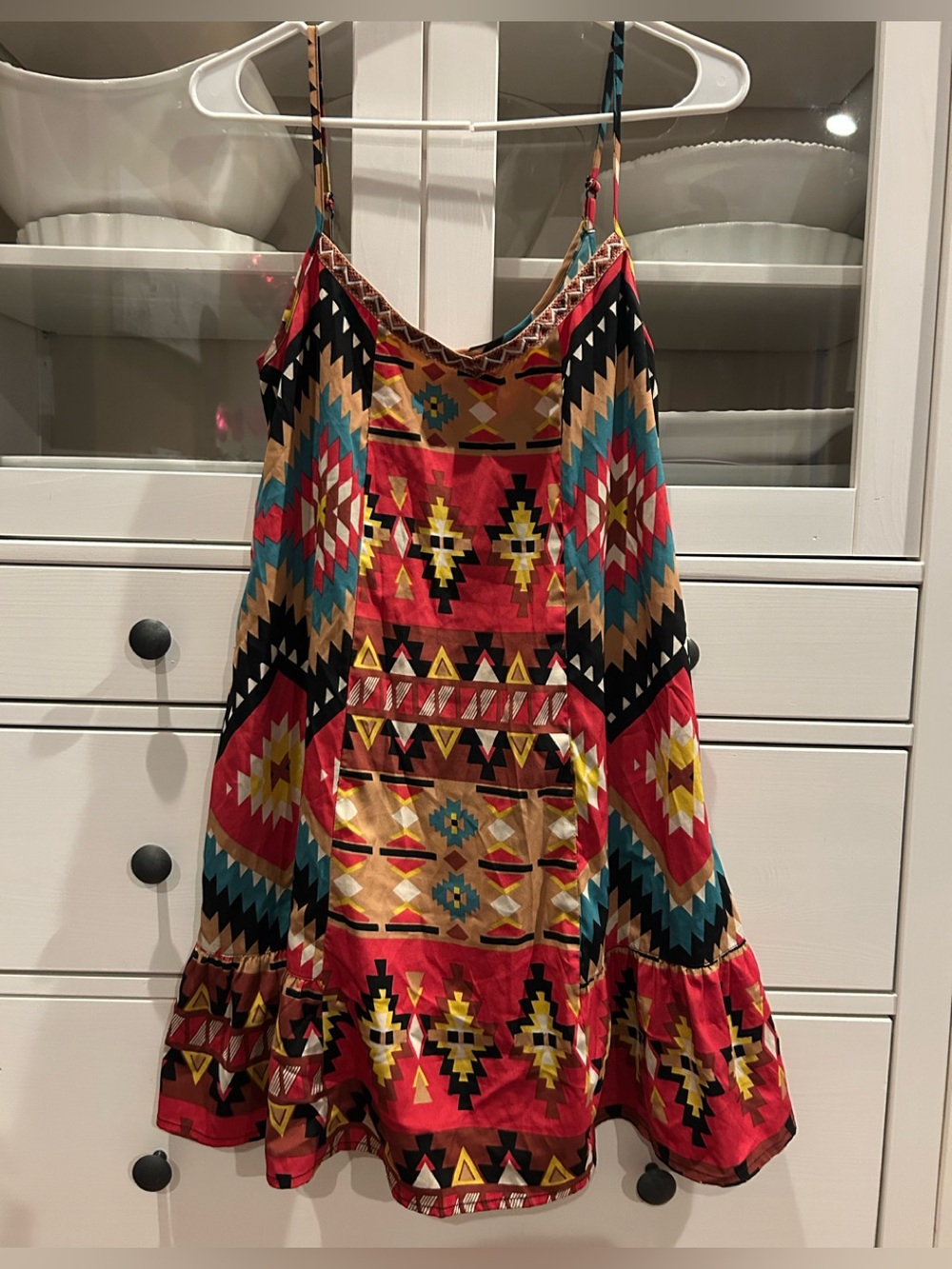 Band of Gypsies Red Aztec Print Mini Dress with Teal & Yellow Accents Size S